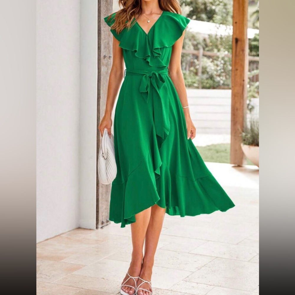 Green Ruffled V-Neck Tie-Waist Midi Dress